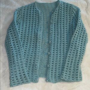 Evan Picone size XS vntage baby blue 100% wool cardigan sweater w/cut-out design
